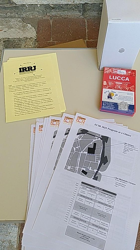 Desk with IRRJ flyer, ECIR program booklet, and maps of Lucca