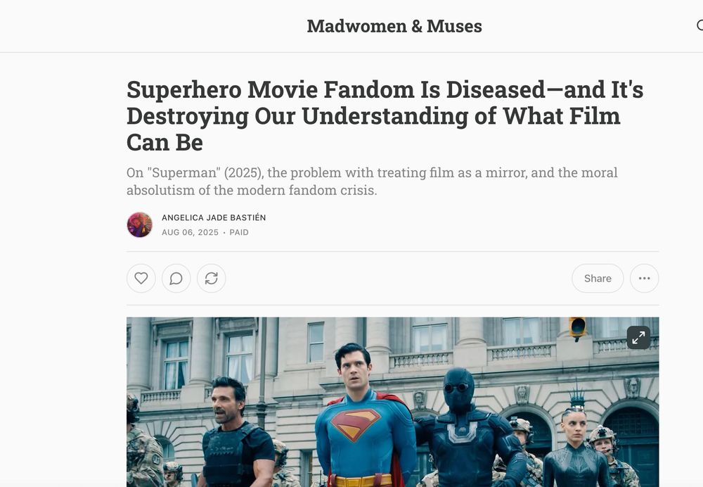 Screenshot of an upcoming newsletter with the title "Superhero Movie Fandom Is Diseased and It's Destroying Our Understanding of What Film Can Be" with a cut off picture from Superman 2025 of the hero being led in handcuffs.