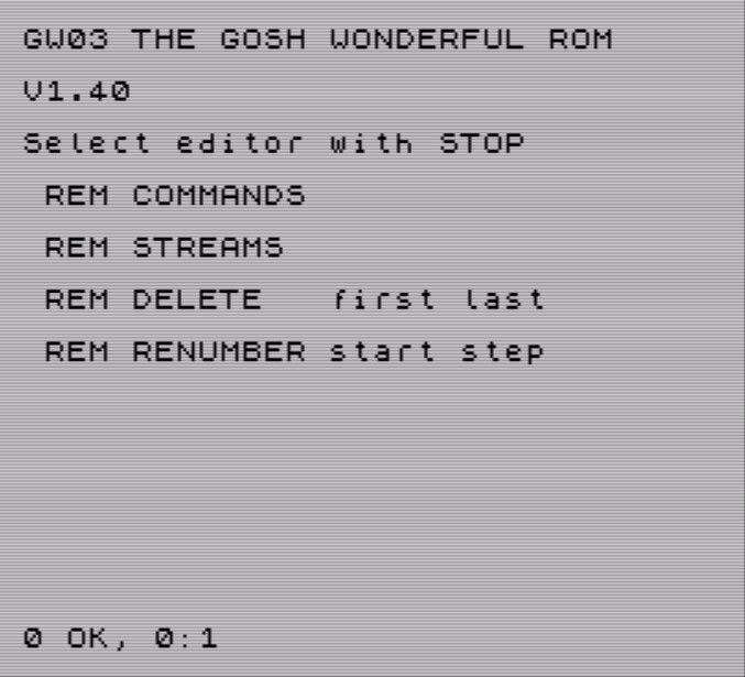 The main help screen. Enter REM at the command line. Enter STOP at the command line to switch keyword entry mode. The Looking Glass ZX Spectrum ROM V1.08 will be online soon. My favourite. 