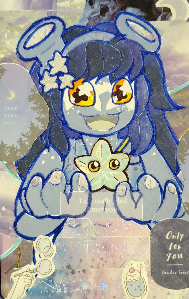 Kredolo, the Faerie Grundo (from Neopets) is wearing a celestial looking prom dress with star motifs, holding a levitating Nova!