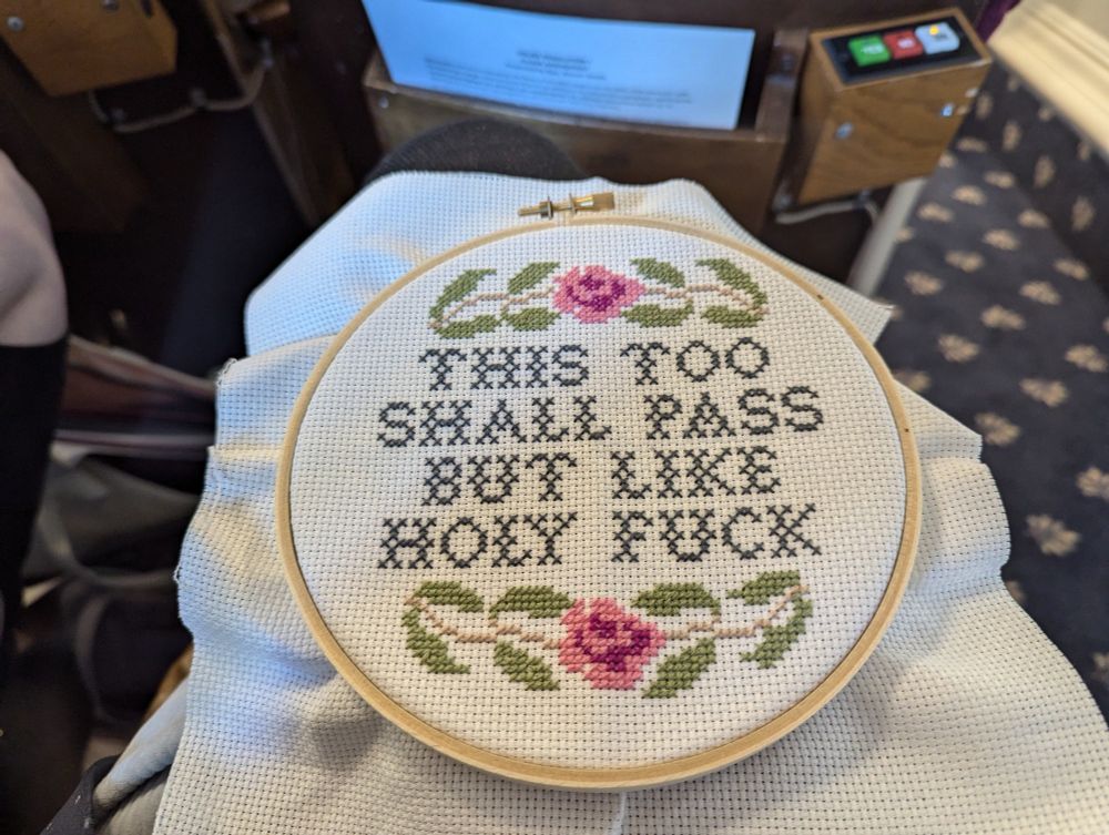 Needlework that says “this too shall pass but like holy fuck” 