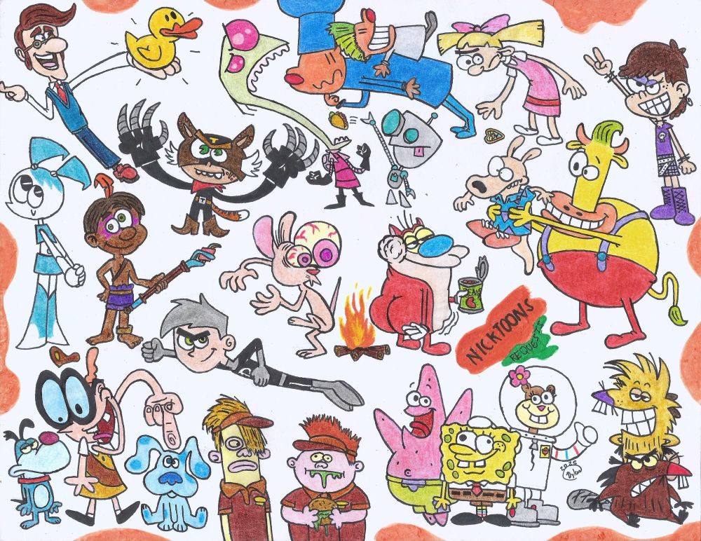 Many characters from diverse Nickelodeon shows. SpongeBob, Patrick and Sandy for example