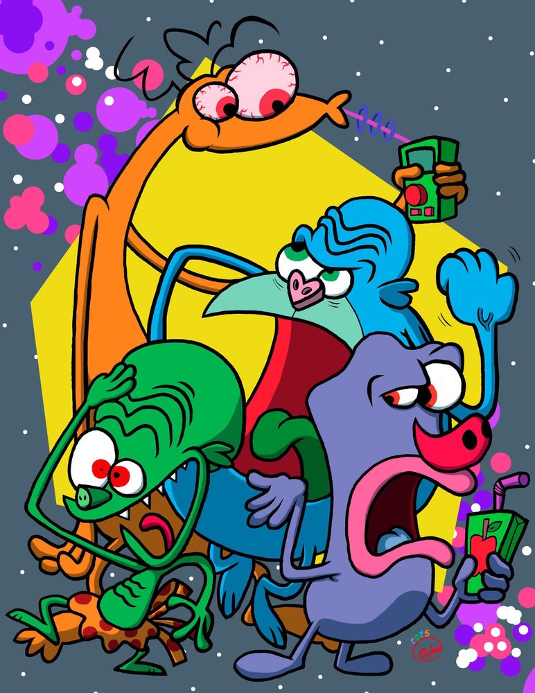 The main aliens from Space Goofs: Etno Polino is trying to explain his new invention, Candy Hector Caramella is panicking, Gorgious Klatoo is trying to punch Bud Budiovitch who confused the invention with a apple juice box, Etno has the actual juice box 
