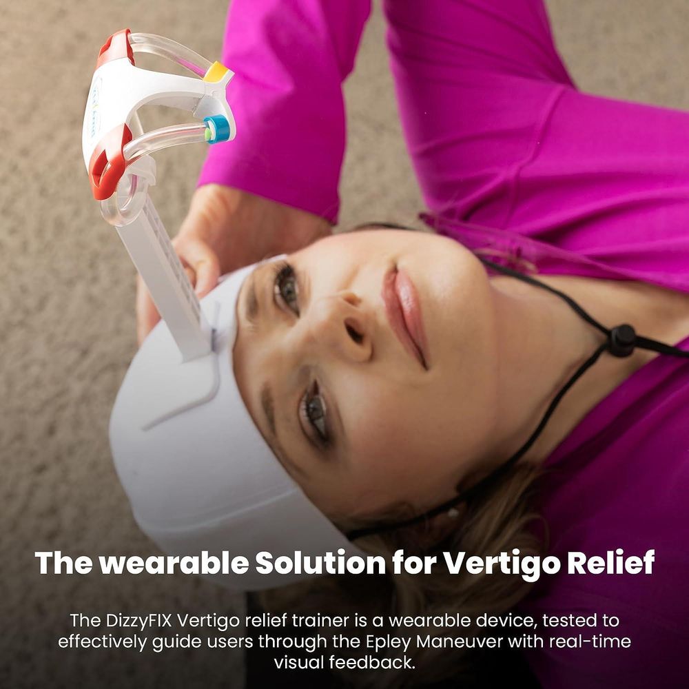 A vertigo patient wears a DizzyFIX hat, an extremely silly looking device to help patients correctly do inner ear particle repositioning exercises.