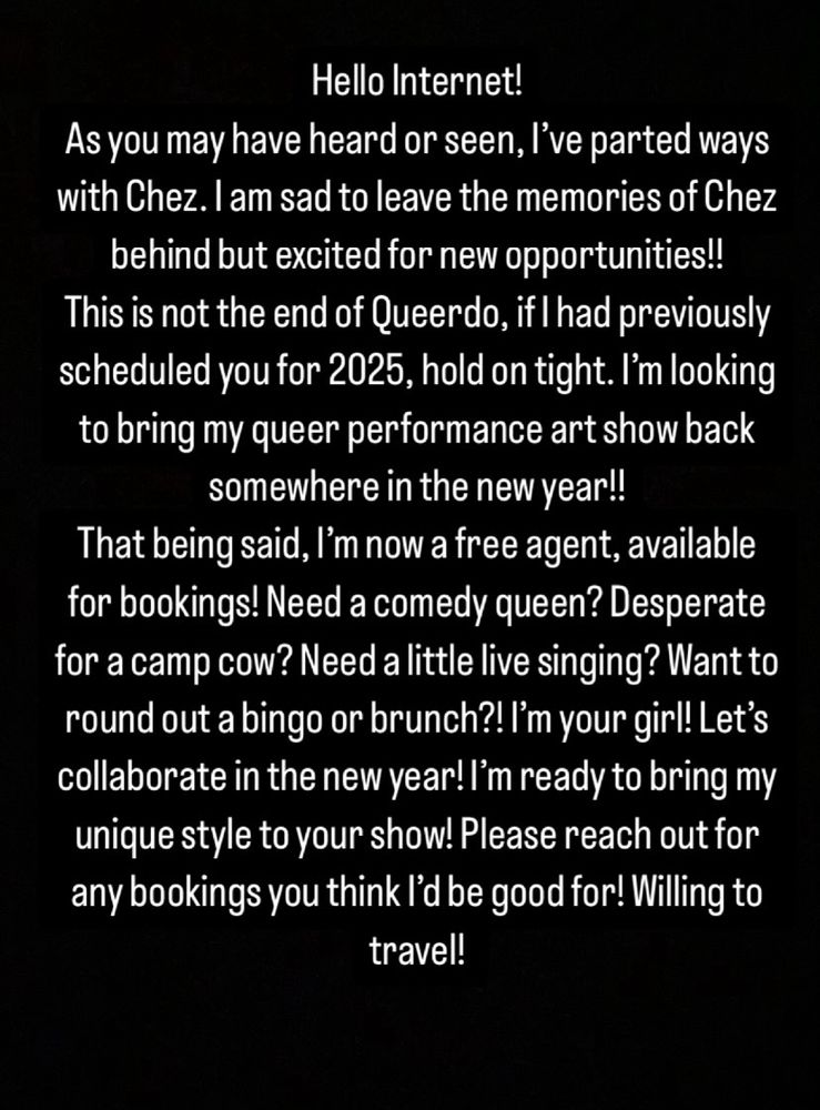 Giganta Smalls announces her departure from the gay bar Chez Est. She announces the desire to find a new home for her queer performance art show, Queerdo. Giganta then pitches her services for other entertainers to book her 