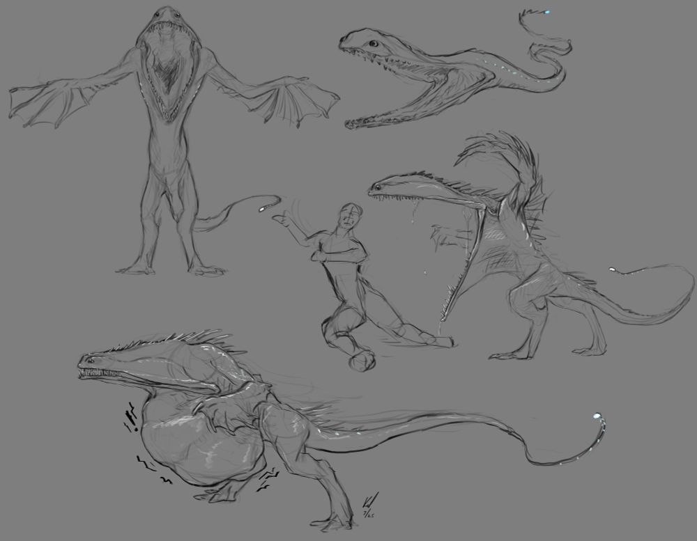 Rough digital sketches conceptualising an anthropomorphic gulper or pelican eel. The creature is bipedal and is depicted gaping at the viewer, then chasing a fleeing man, flexible jaws yawning wide about to engulf him. In the final part of the sequence, the creature has their huge jaws sealed shut and their body is revealed to be extraordinarily stretchy, currently distended with the shape of the man which the eel-monster has succeeded in swallowing whole and alive! 