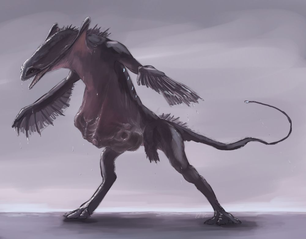 A digital painting of a bipedal gulper or pelican eel creature. It features an elongated tail, huge flexible jaws, and the skin of its belly is incredibly stretchy.
From the appearance of the creature's distended belly, it is clear that it has fed fairly recently; the shape clearly displaying its still bulky but undeniably semi-digested skeletal stomach contents, the unmistakable remains of an unfortunate but undoubtedly delicious human.