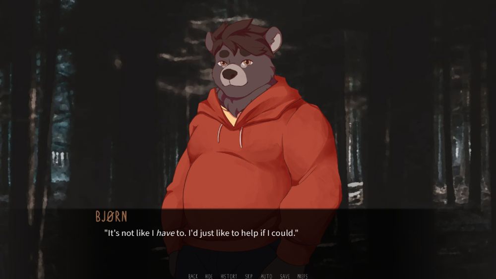 Bjørn in the forest, saying "It's not like I have to. I'd just like to help if I could."