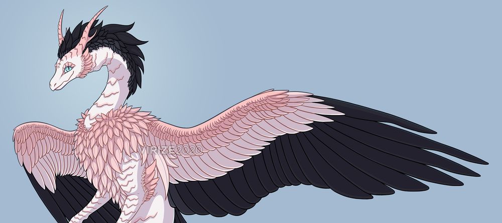 A waist-up portrait of my dragon OC Jiro, facing left with a happy expression, and his gaze looking at the viewer. His right wing is half furled, while his left wing is wide open to show off his feathers.