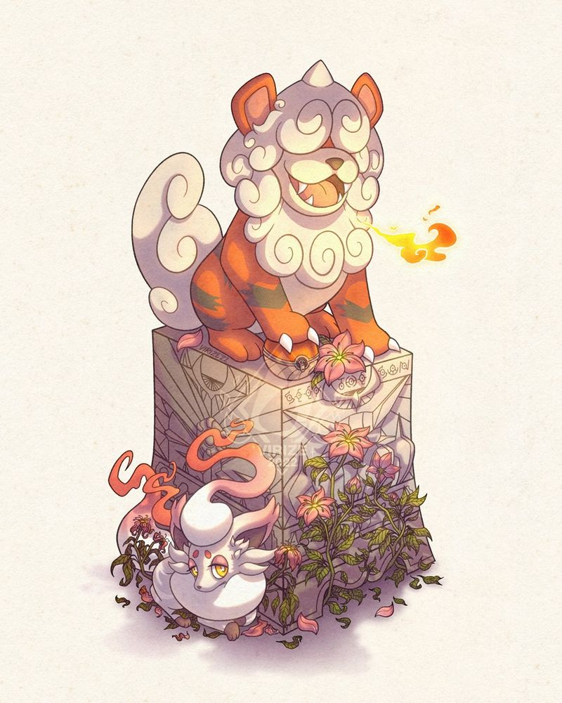 A Hisuian Growlithe is sitting on top of a small stone pillar in a pose similar to a chinese stone lion statue, with its right forepaw resting on top of a Hisuian pokeball. The stone pillar is rectangular shaped and features engraved motifs that symbolize Giratina, Dialga, and Palkia.

The Hisuian Growlithe is breathing a small yellow-red flame, creating a soft, bright halo of light as if the flame was the sun itself. Gracidea flowers adorn the base of the stone pillar, growing upwards toward the flame on the right side, but appearing wilted and dying on the left side. There is also a Hisuian Zorua resting at the base of the stone pillar on the left side; its head is angled down as if downcast, but is wistfully (or hopefully?) glancing up towards the flame the Hisuian Growlithe is breathing.
