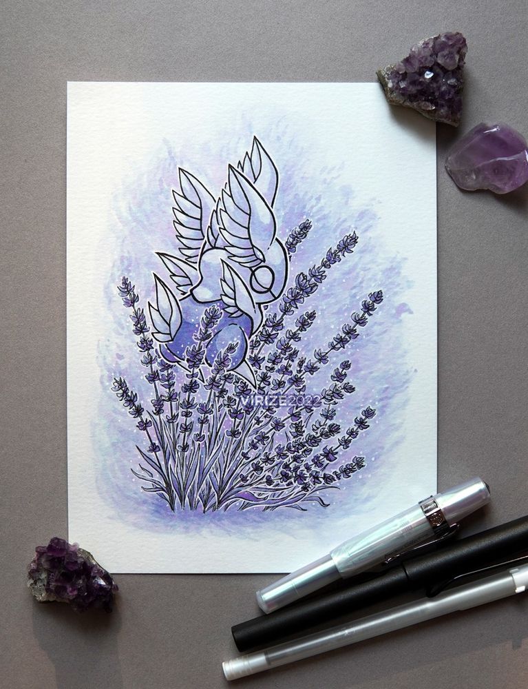 A Jupiter Djinni OC named Plume gently smelling a cluster of lavender, its eyes closed in appreciation and thoughtfulness. The illustration is coloured with varying shades of soft purples and violets.