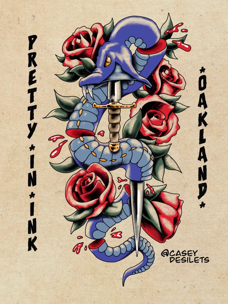 Tattoo flash picturing a snake getting chopped up by a sword it is swallowing. Surrounded by roses.