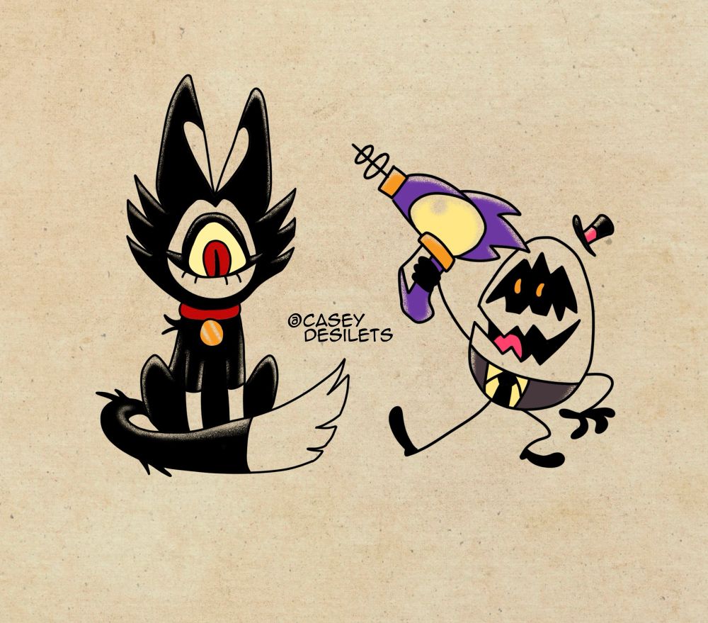 Tattoo flash of characters from the animated show Hazbin Hotel. It shows the one eyed cat demon keekee and one of the eggboiz henchmen with the deathray gun