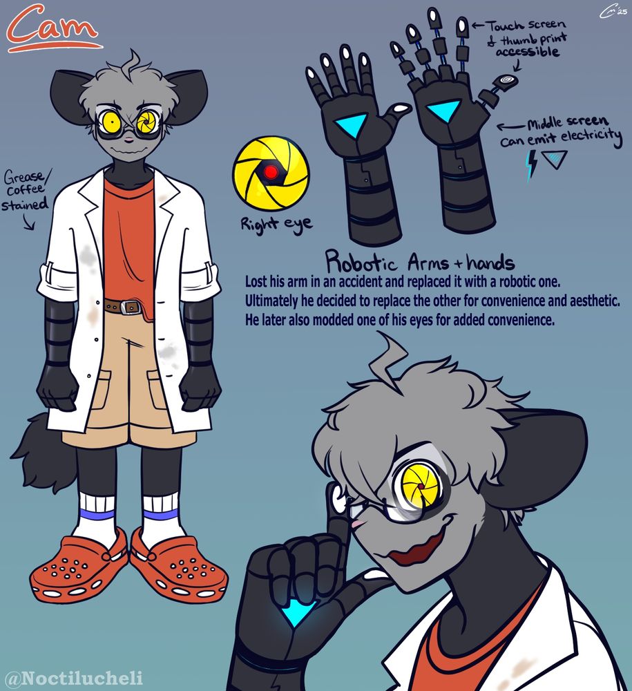 (Full first name: Cameron)
The third member of the Carota Coterie whose specialty is surveillance and AI programming.
Technically a cyborg with all the modifications he made to his body. 
His eye is connected to a vast network which extends to all the cameras within the base, robots, and mini drillbots. He can switch camera perspectives by blinking or twitching his right eye. Has a pretty messy appearance but extremely organized with everything else. 
Slightly unhinged, lives off of coffee and is obsessed with improving his tech and bots.