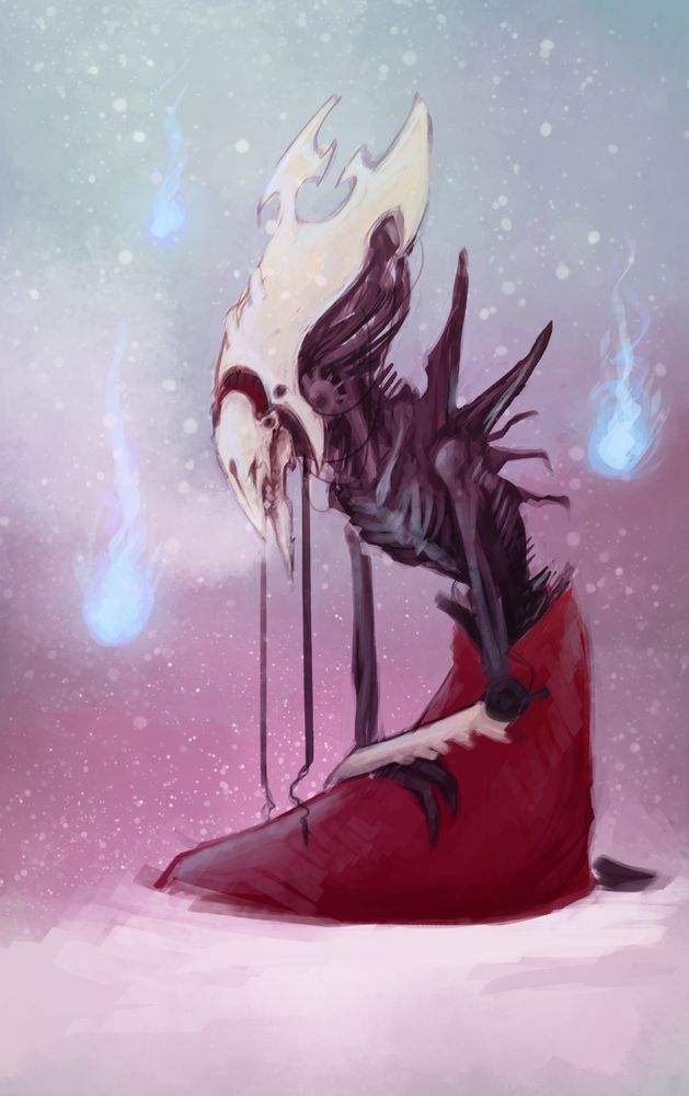 a digital illustration of a humanoid mechanical being sitting on his knees in the snow. his body is made of dark metal and his head is made of off white bone. he is wearing a red dress. three ethereal blue flames dance around him, and his breath billows into the cold air