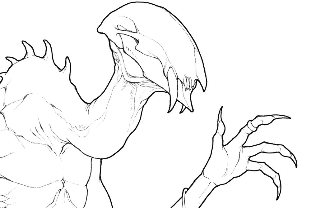 a closely cropped digital line drawing of a creatures head and one hand held up in a friendly wave. it has a skeletal head with no eyes and two long, downward pointed tusks. on one finger its wearing a ring