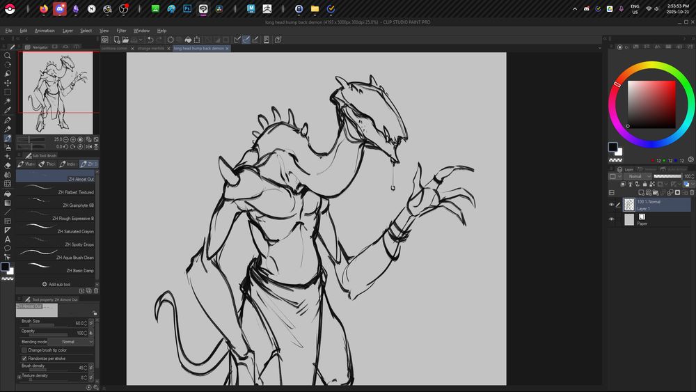 a screenshot of Clip Studio Paint showing a rough demon sketch on the canvas. its drawing in rough, bold black brush strokes, and is holding on hand up in a friendly wave