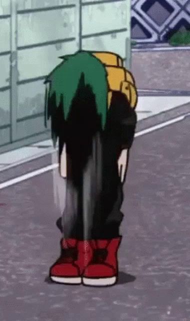 a cartoon character with green hair is standing on a sidewalk .