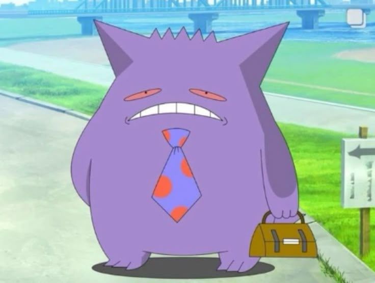 sad looking gengar wearing a tie and holding a corporate handbag