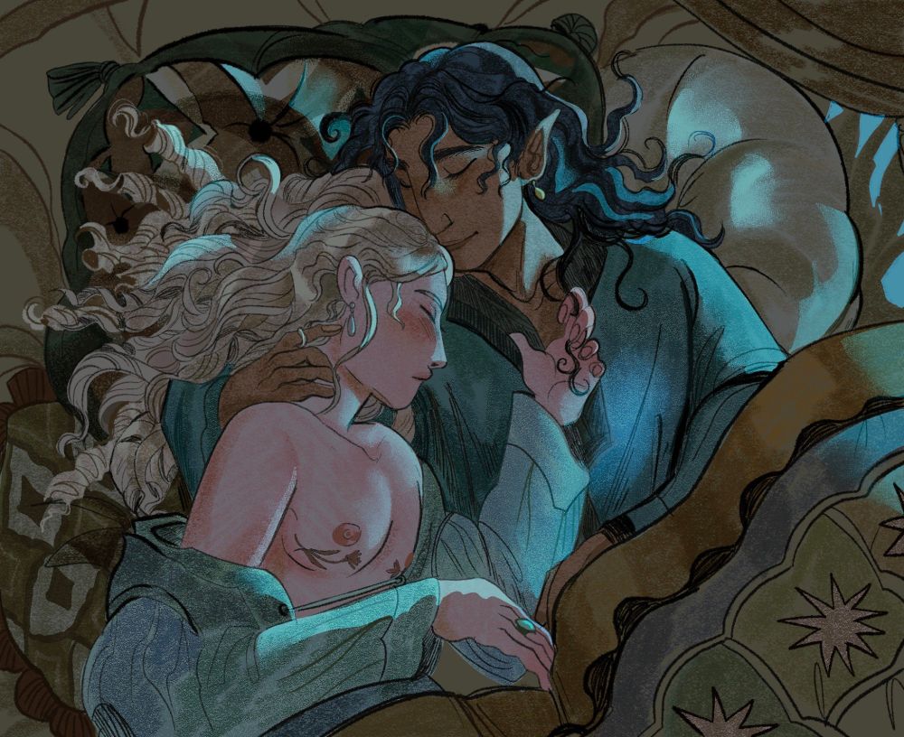 Two men in bed together. Annatar and Tyelperinquar, from JRR Tolkien's The Silmarillion. All suspicion is lost between them as they sleep. Annatar has pale skin, and his fana is that of a trans man: he has top surgery scars adorned with flower tattoos, revealed as his robe falls over his slender form to show his chest. His pale silvery ringlets cascade over the pillow. Celebrimbor is a taller man- a willow elf with black, wavy hair and warm brown skin. Hd has one arm curled affectionately around Annatar's neck, and his head is close to Annatar's, positioned so his lips are resting on Annatar's brow, in a tender, sleepy kiss. Moonlight shines on the two of them.
