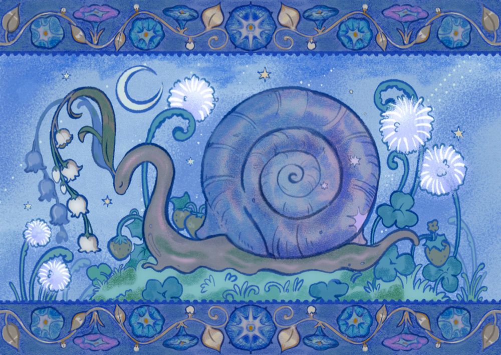 A snail with lily of the valley antenna quietly moving along the night on a dandelion and clover strewn garden. The piece is textured with crayons. The border is decorated with morning glory.