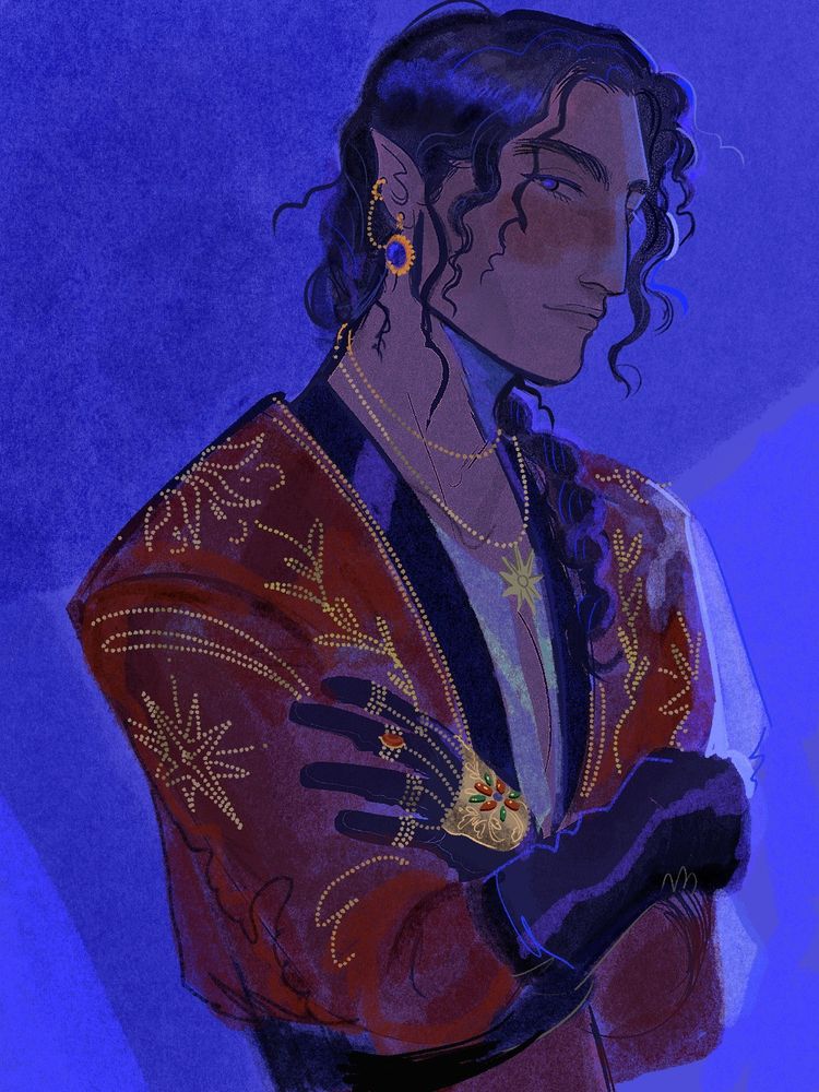 Tyelperinquar from the Silmarillion. He wears a red robe, embroidered with beads in a vine and floral motif, a star of Fëanor on his shoulder. His robe is cinched at his waist, and his gloves rest over his arms. He has long black hair in a single braid, and he is drowned in a blue light. He looks down at the viewer with a slight smile.