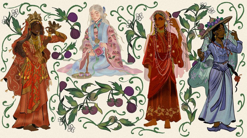 A lineup of 4 ocs surrounded by figs and fictional fruit. 