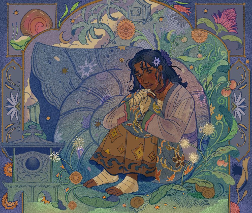 A trans boy whose body is ravaged with a fantasy illness called "white leprosy". He hides behind a large snail shell, as a metaphor for protection, for having his own metaphysical place of safety. He has a small "lamin" in front of him. A maranao wooden tower after the indigenous people of the southern Philippines. Curling plants, wildflowers and weeds and other fauna and snails gather at his feet.