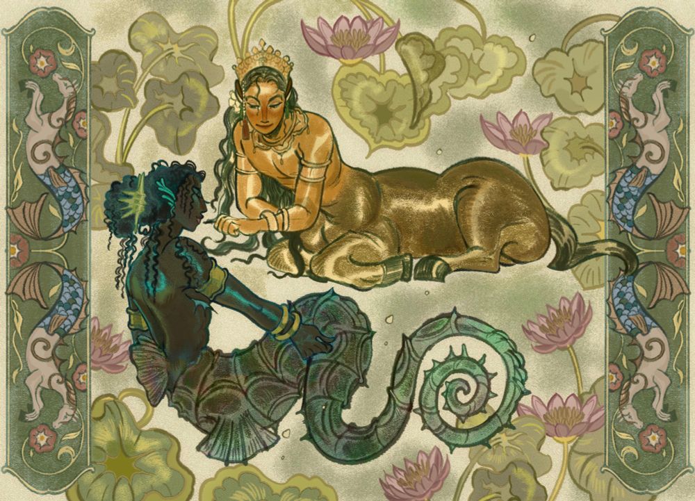 A seahorse merboy  conversing with a flirty centaur along a lotus pond. They are framed by horse mermaid swimming along poppy motifs