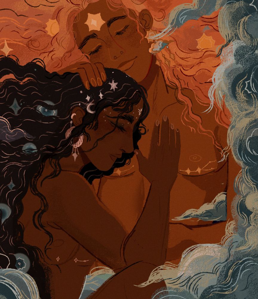 Two trans men in an embrace. One of dark skin with long black hair, the moon, stars and blue orbs nestled in his hair, another with warm brown skin craning his neck closer to the other, his hair gleaming like the dawn, the sun on his forehead. They are cradled by blue clouds. Comfort.