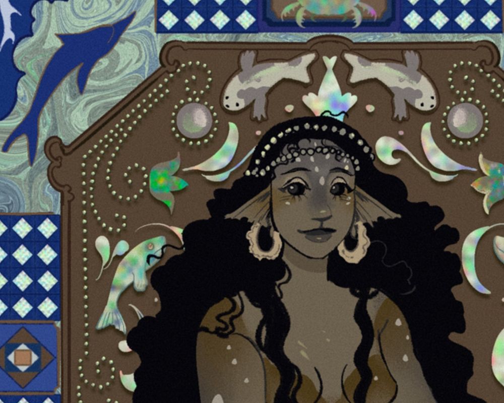 A crop of a seal girl before a shell inlay wooden panel with marine motif