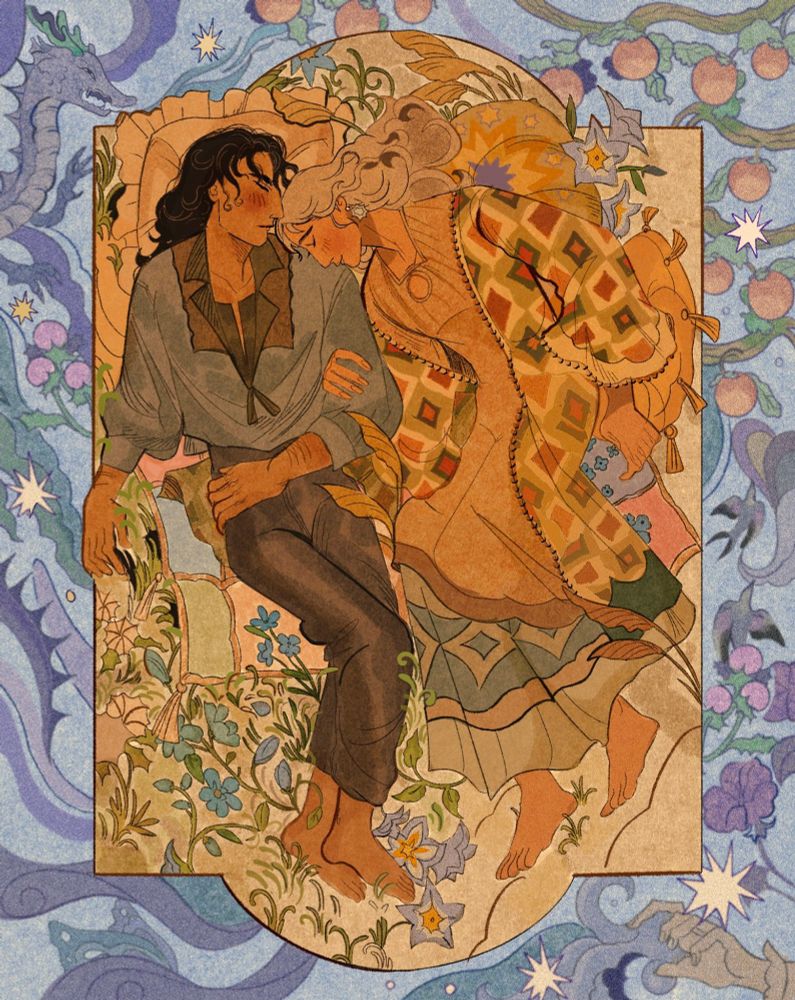 Fitz and the Fool lying on a patchwork blanket on a sparse flower field. They are framed by an artistic rendition of the skill stream, with silver hands, apricots, dragons and stars.