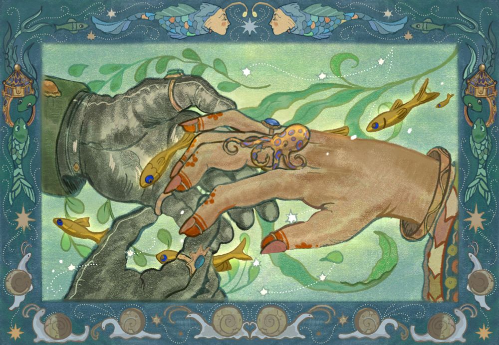 two hands gingerly holding each other. one brown skinned hand- a peek of tatreez sleeves, red fingernail rings, and henna, curl daintly along black leather gloved hands. they are framed by a variety of sea creatures- the ring on the fisherwoman's finger is a glass blue ring octopus made for her by the poisoner- he treasures her deeply, and the ring is a little joke about their two occupations and how their lives are intertwined. 