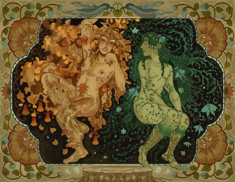 Two tboy dryads. One modelled after a fire tree, one after a Chinese willow, displaying "crown shyness.", a phenomenon where tree crowns do not overlap. They are surrounded by a frame of smiling orange flowers.