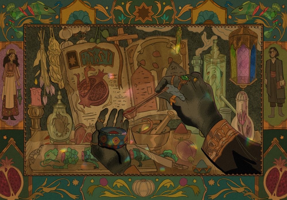 Gloved hands pouring minced powder onto an ornamental box. Before him is an open medicinery book, sliced and bottled medicinal creatures and herbs- candles and a mortar and pestle, distilling tools, a moroccan lantern- the drawing has a frame depicting a Palestinian couple wearing thobe and tatreez, fish above them, below them, garlic and pomegranate