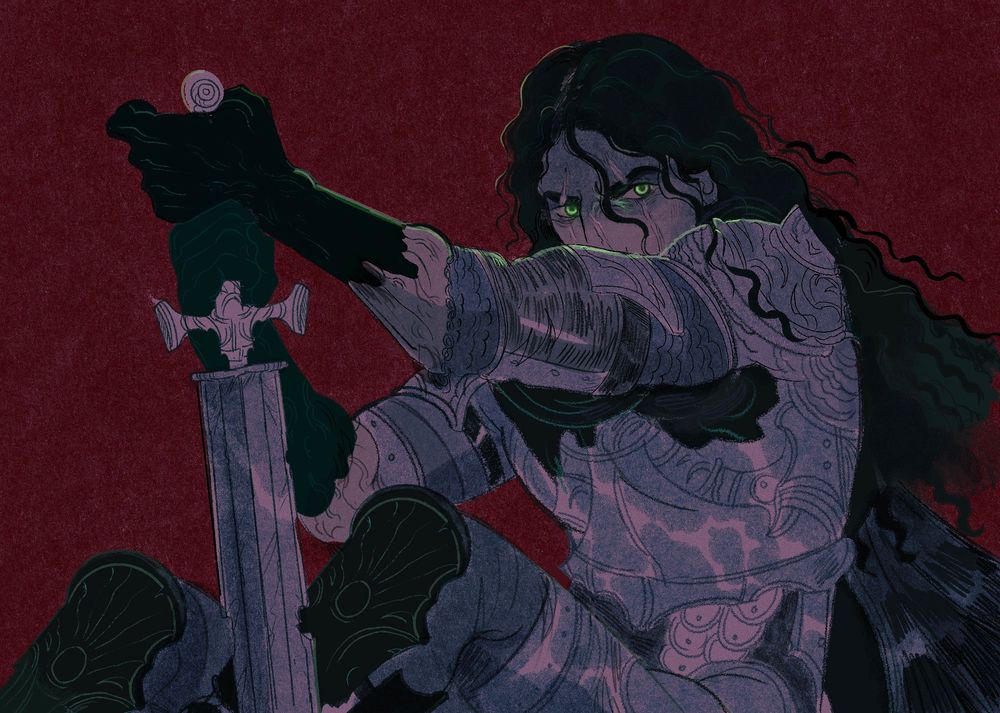 Melkor from the silmarillion. A man with a clawed face and green eyes staring down. He holds a greatsword.