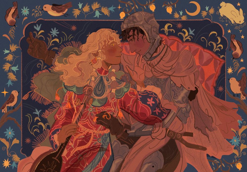 Two people in an embrace. A boy with white hair and red robes, and a knight who looks fondly at him, though exhausted. They are enshrined in an illustrated blue frame: flowers; passerines and a rabbit populate and surround them. 
