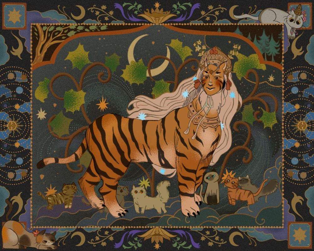 A tiger with the face of an androgynous person. They are crowned in a southeast asian style headdress. They tower over smaller, more normal looking cats. Their backdrop consists of  a night sky, with gold rimmed clouds, and vines that surround a simple crescent moon. On the frame there is a white cat with an apsara crown, and a calico cat with a hibiscus tucked behind its ears. On the sides of the frame there is a solar system motif. 