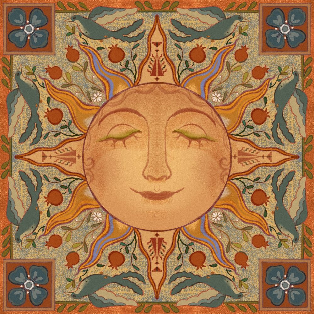 A crayon drawing. On ornamental yellow sun with a smiling face. Pomegranates and flowers and birds flock to her. Cypress Tatreez from Yaffa rest on her sunbeams. For my beloved Miss Yaso! 