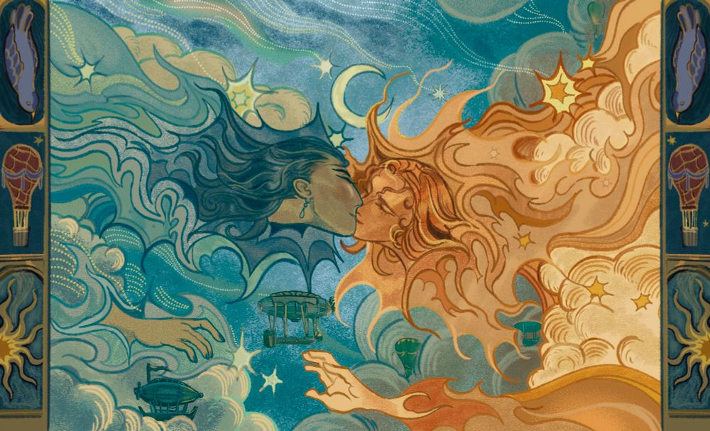 Two shooting stars collide in a tender kiss. They are surrounded by smaller stars, clouds, and various flying machines.