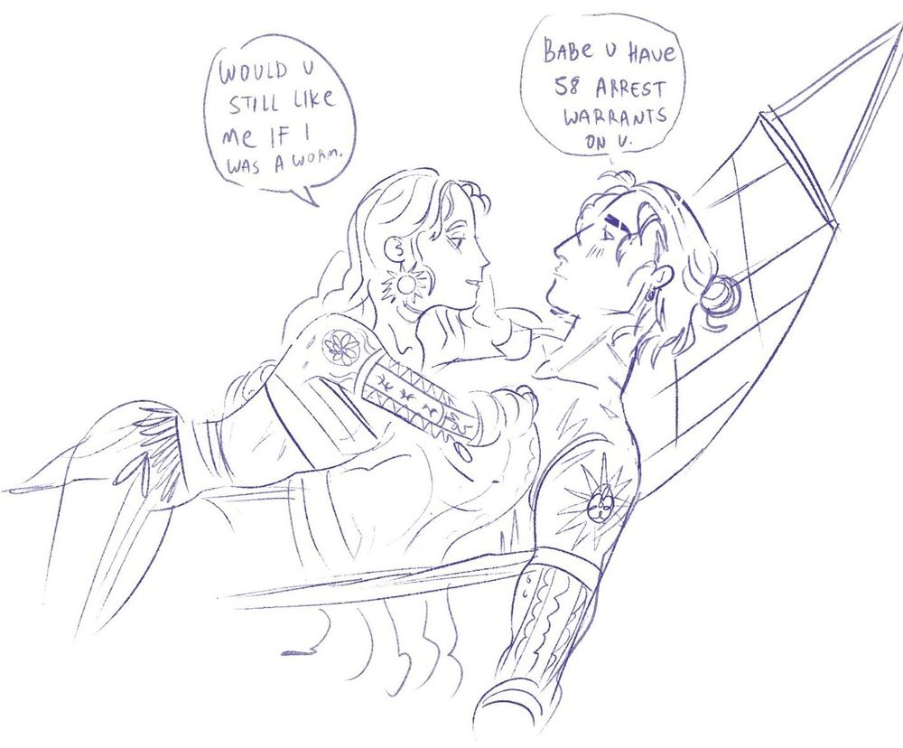 Lineart drawing of a tboy resting on his nonbinary beloveds chest

