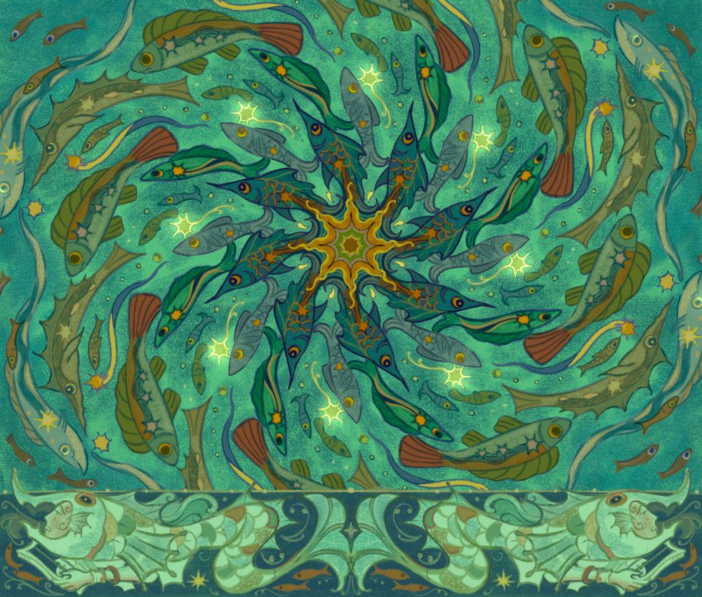 Fish swimming in circles among the stars.