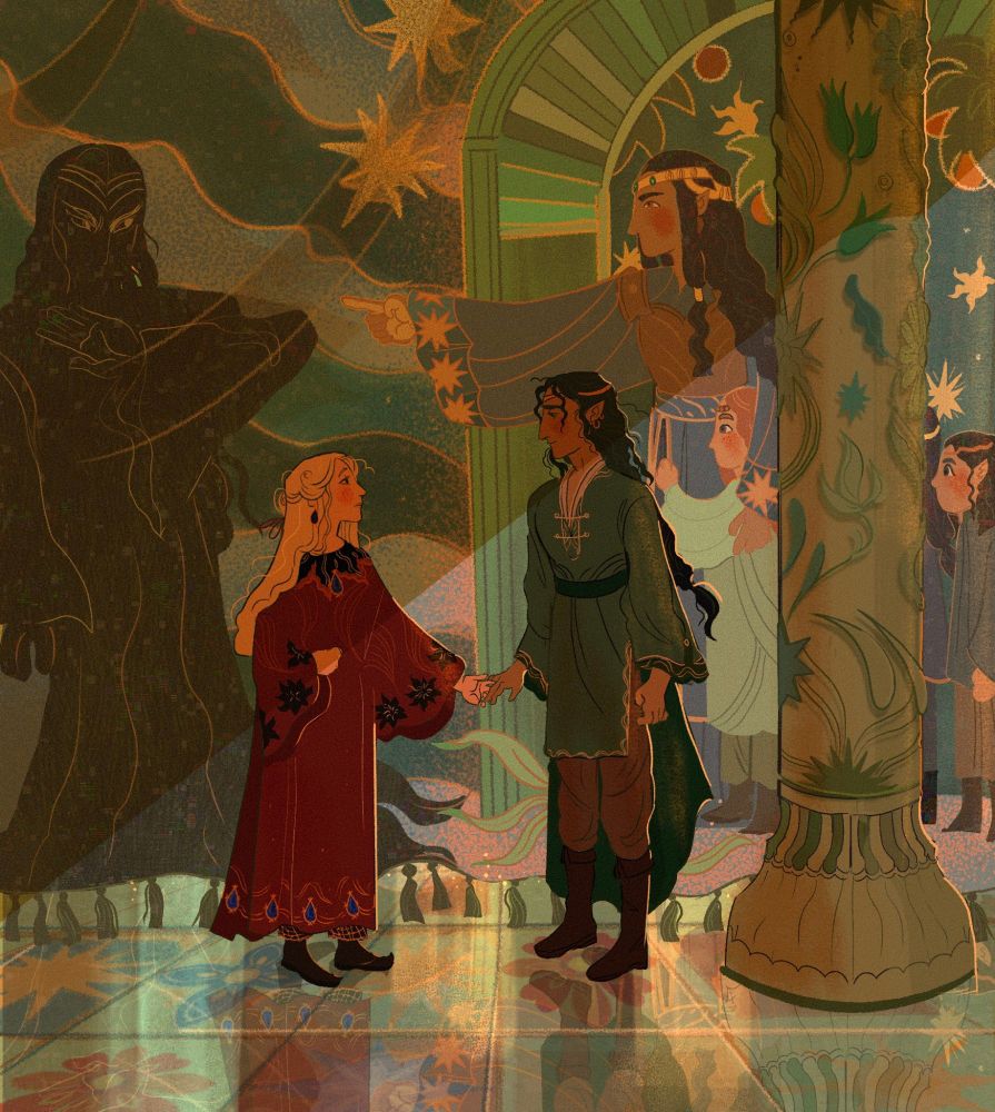 Tyelperinquar in long, green robes, his dark hair in a single plait, reaching out hesitantly to Annatar, whose arm is outstretched. Annatar's hair is long, loose about his shoulders and red and black robes. Behind them is a fictionalized tapestry or Fëanor pointing at Morgoth.
"Get thee gone from my gate thou jail-crow of Mandos."
"