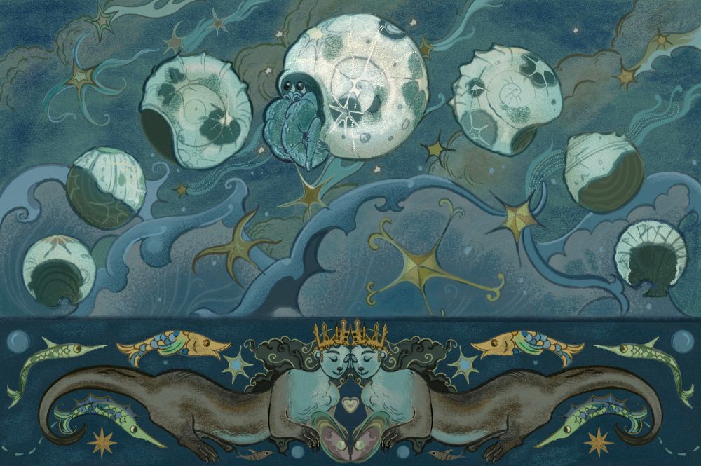 The phases of the moon shown as
broken shells, with the full moon being
represented as a hermit crab's newfound
home. Below is an ornamental illustration
of a pair of otter mermaids wearing crowns
inspired from the silla kingdom, an open
oyster shell held between the two otter.
Golden fish and stars surround them. A
small illustration of gratitude for my own
health recovery.....!!