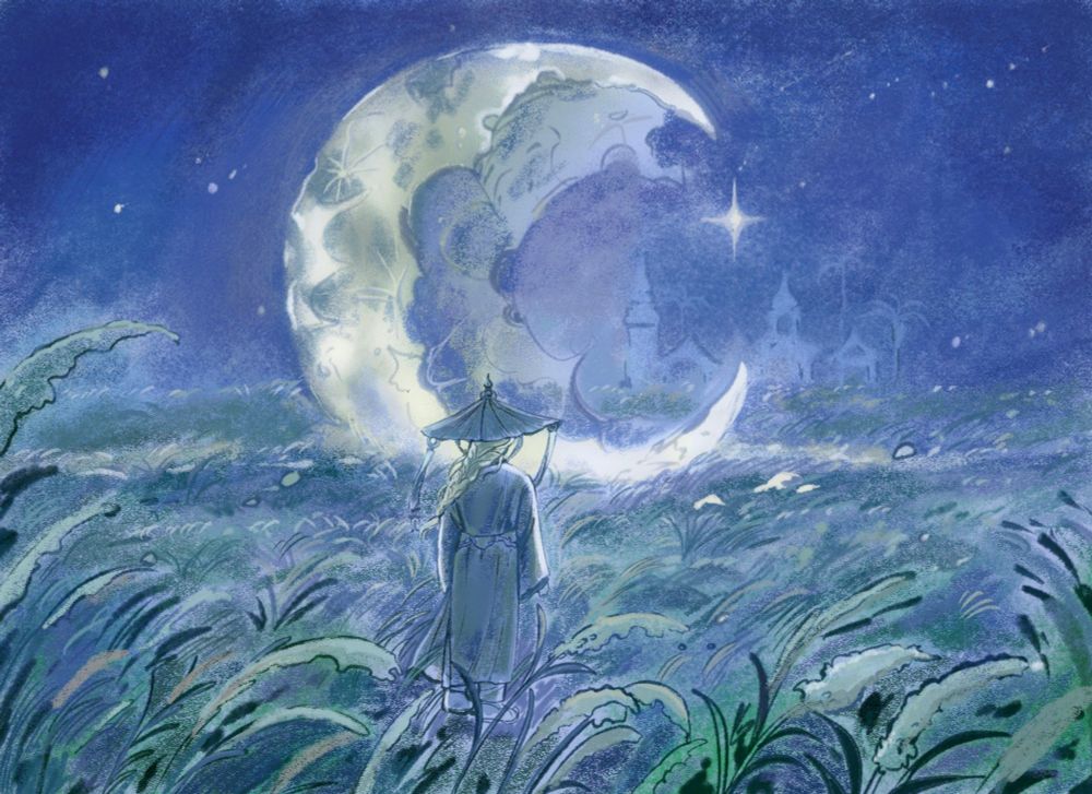 A figure with long white hair in a single plait and a Salakot- a philippine rice paddy hat with a pointed crown- stands alone in a field of reeds. He stares into the distance, where a fallen, broken moon swells from the field, illuminating a path to an old city 