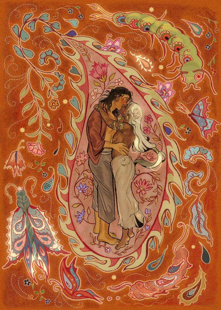 Two figures embracing inside a boteh. They are surrounded by batik illustrations of butterflies and caterpillar and other, smaller boteh. 