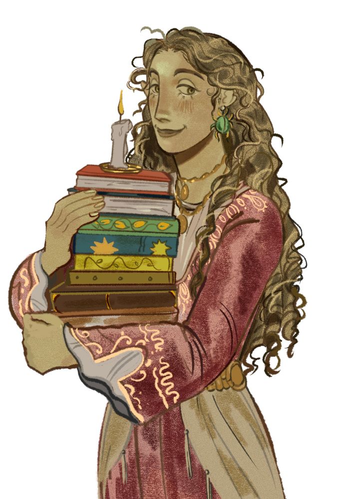 Olive skinned girl with dark brown hair carrying a stack of books. Her robes are a simplified Lebanese traditional dress