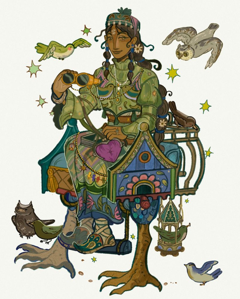 A boy in green, blue and pink robes sitting on a wooden, magical chair with bird legs. It is a mobility device. A wooden cage hangs behind the chair, and a bird feeder below the cage. He is surrounded by his friends, birds of all sorts of shapes and sizes and colors.