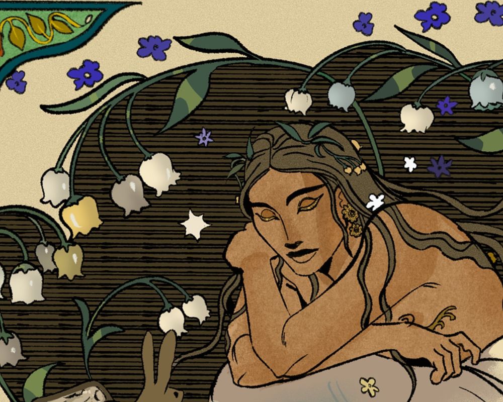 Sleeping long haired figure surrounded by lily of the valley. Long hair, brown skin, golden eyelashes 