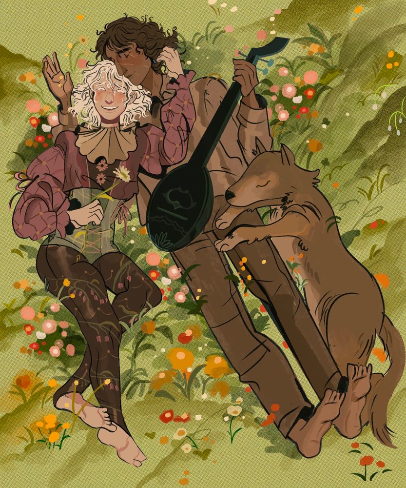 The Fool, Fitz, and Night-Eyes, lying in a wildflower field
